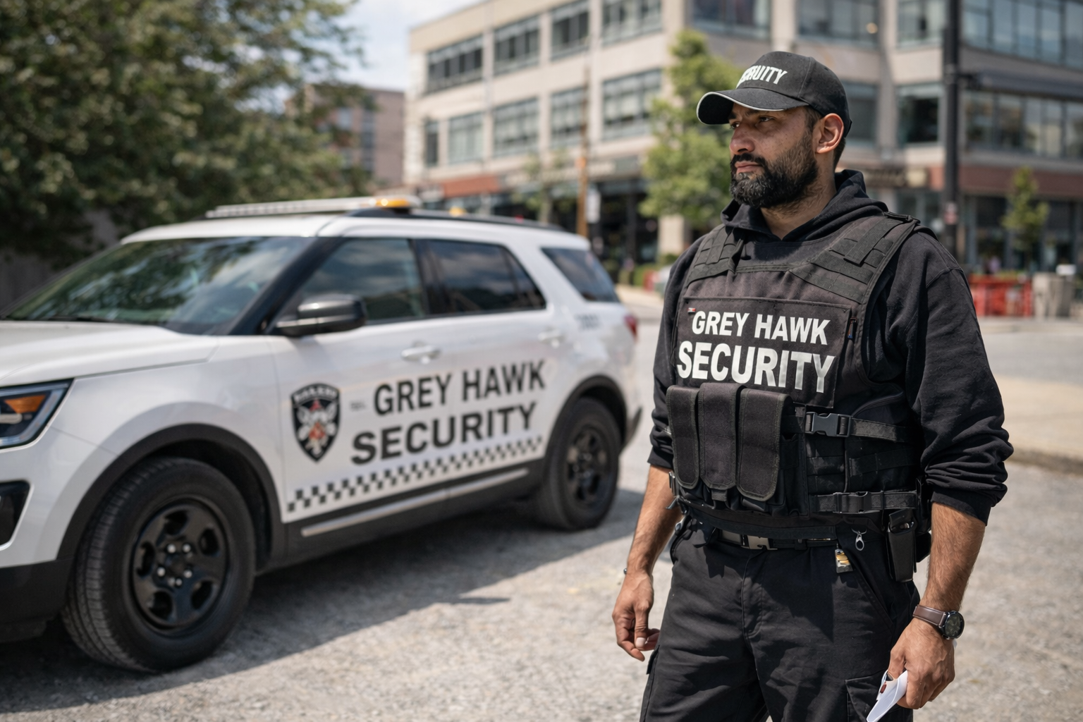 Grey Hawk Security guard on site with patrol vehicle